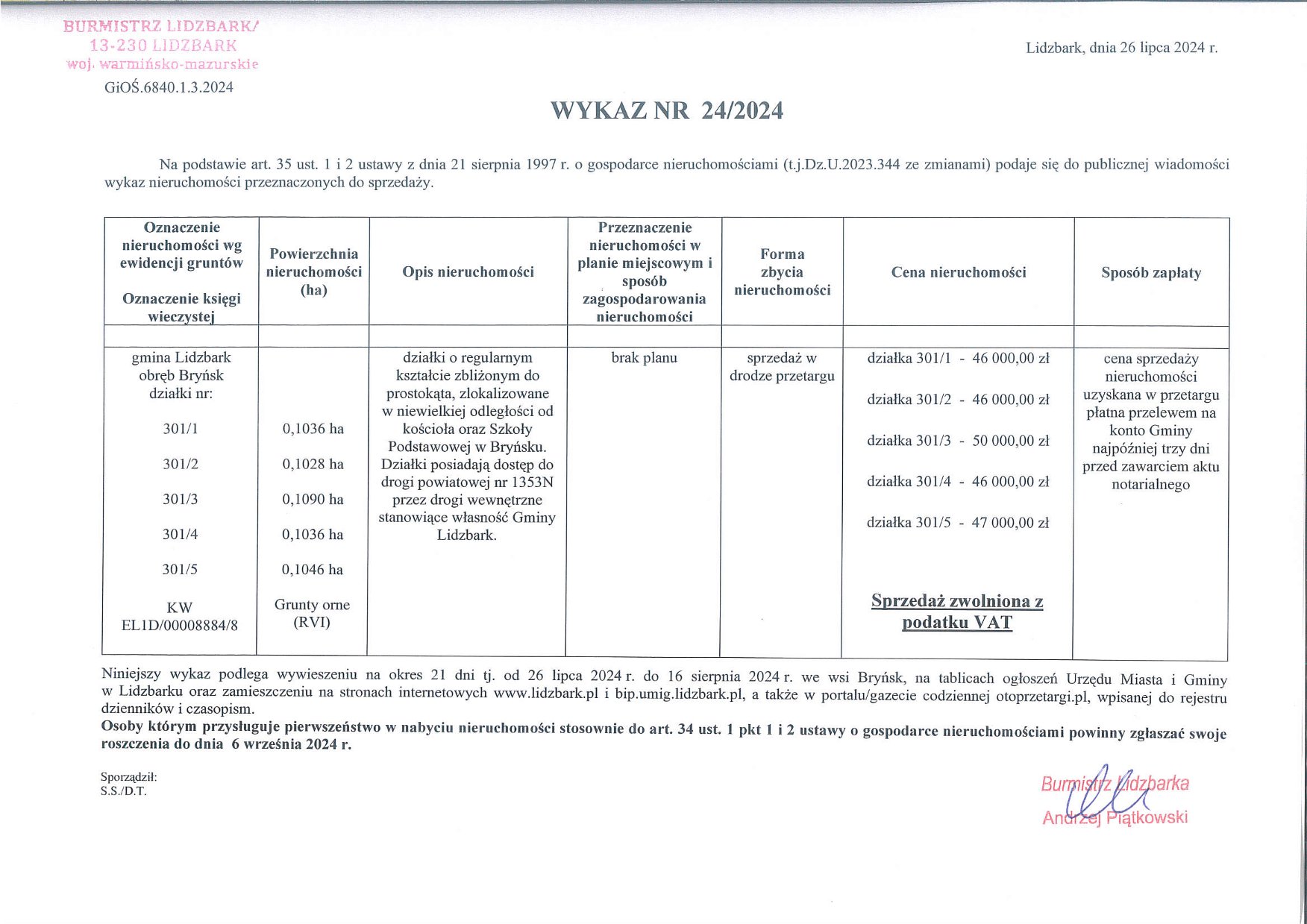 Wykaz Nr 24/2024 - Nieruchomości gruntowe do sprzedaży